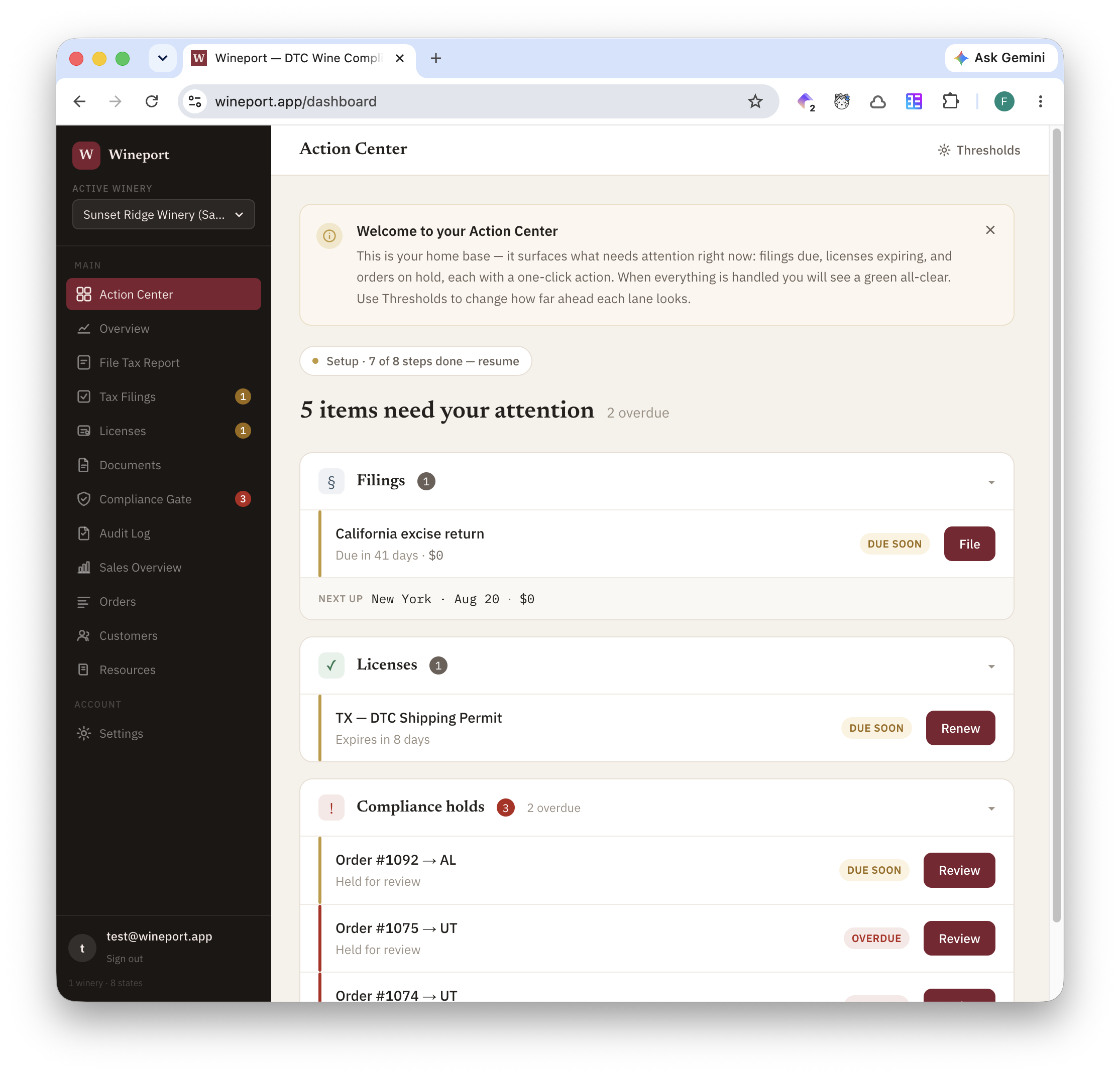 Wineport Action Center showing filings due, licenses expiring, and orders on hold, each with an action