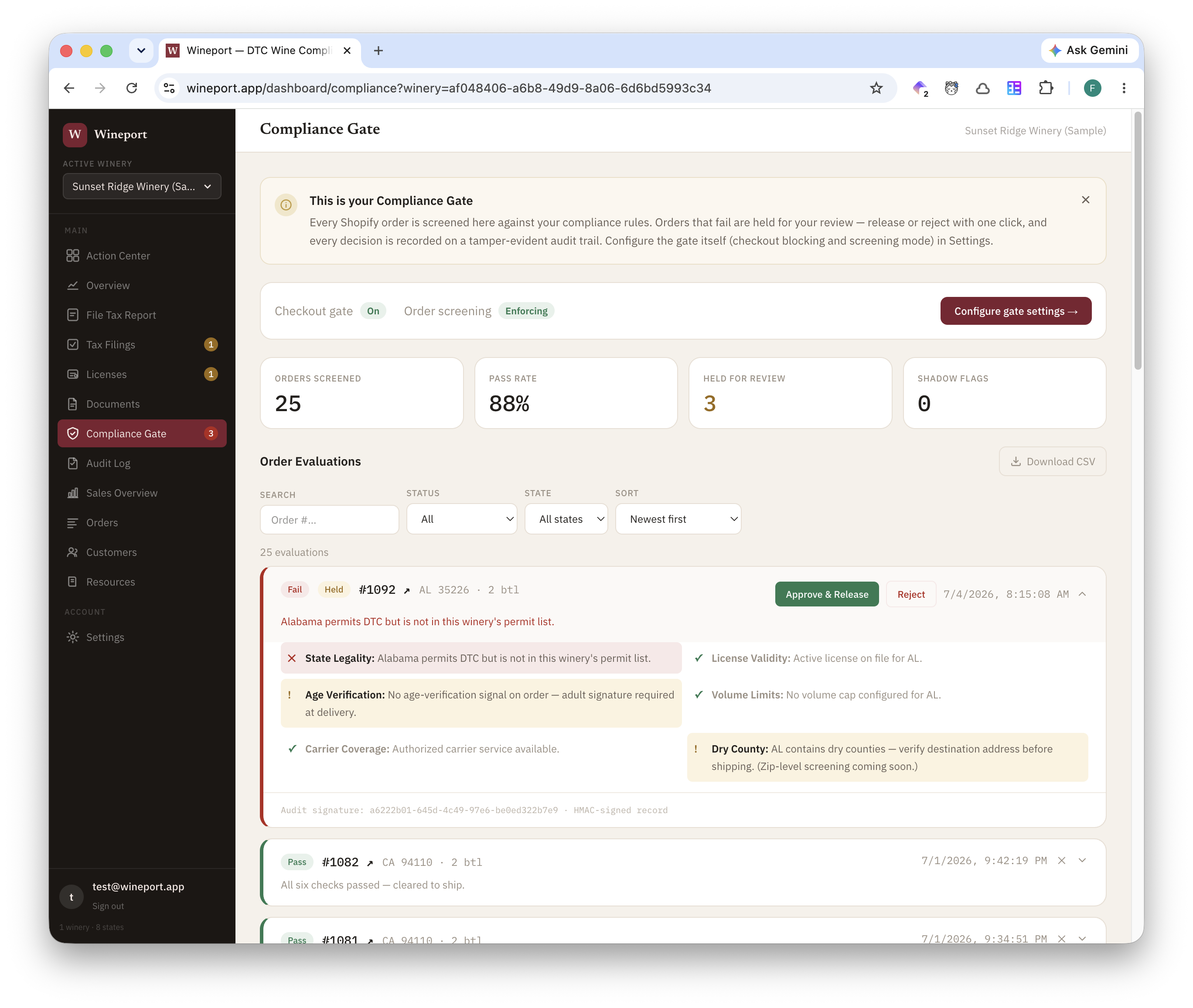 Wineport Compliance Gate screening an order against six checks