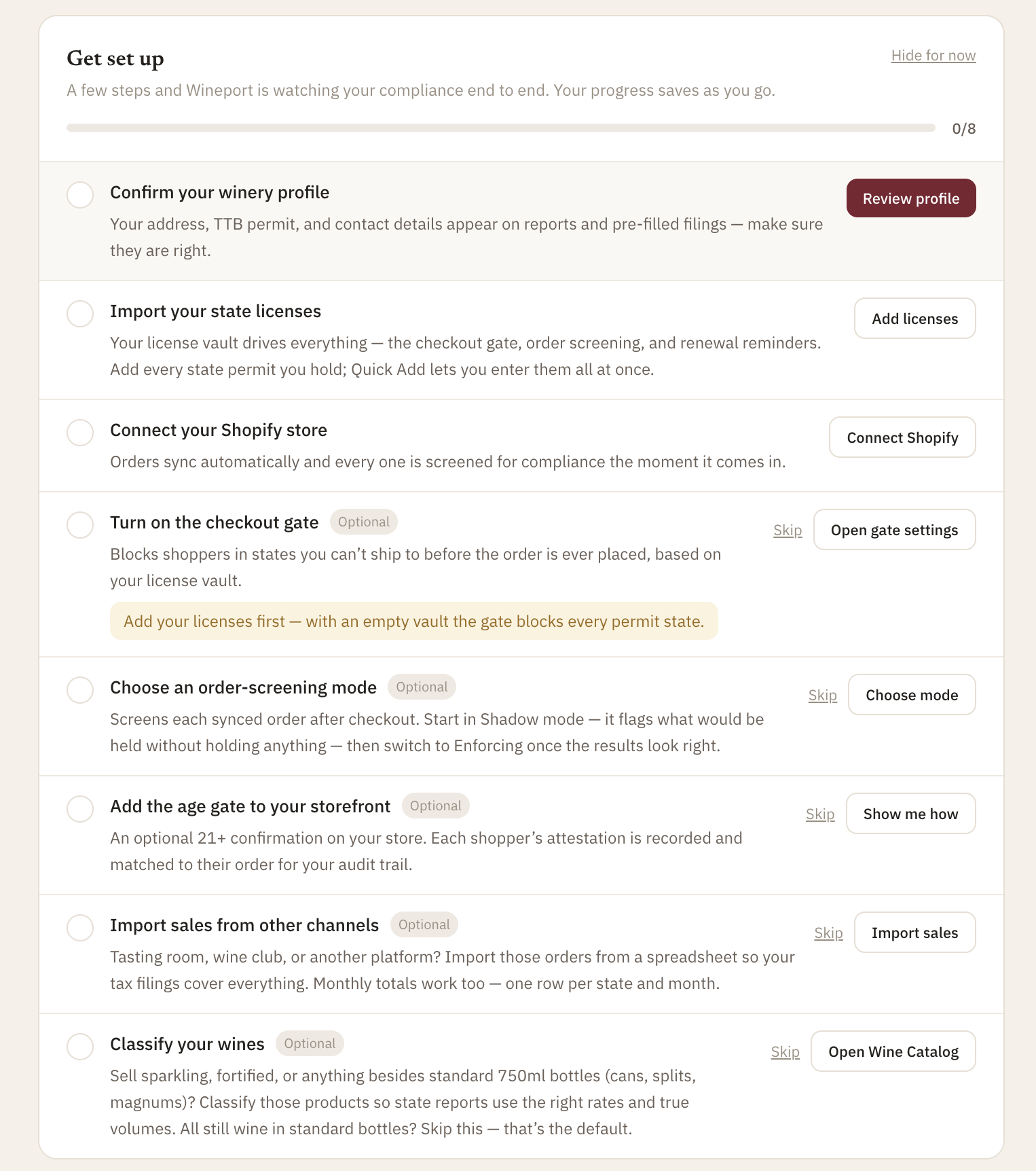 Wineport's guided Getting Started checklist with setup steps checked off as they're completed